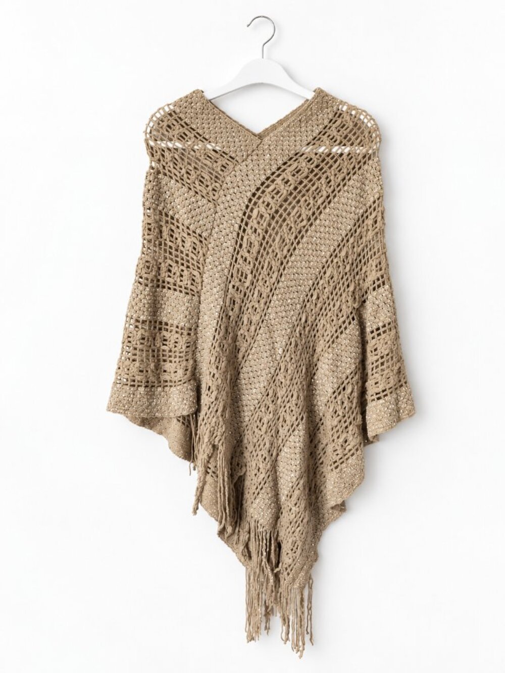 Beige Crochet Sequin Fringe Poncho Boho Open Knit Size L